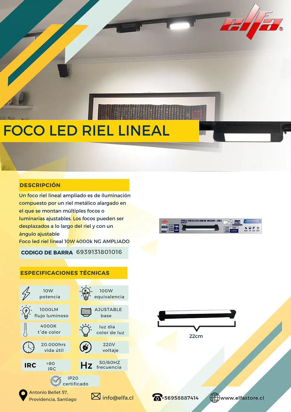 Foco LED Riel Lineal Elfa - 10W (Equivale a 100W) Luz Neutra 4000K 2