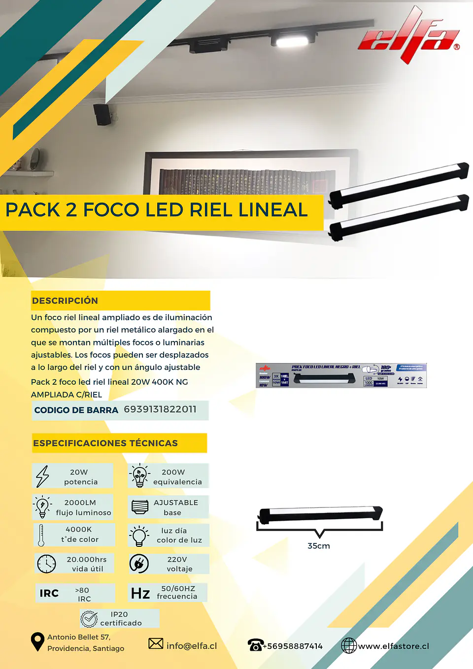 Pack de 2 Focos LED Riel Lineal Elfa - 20W (Equivale a 200W) Luz Neutra 4000K con Riel 2