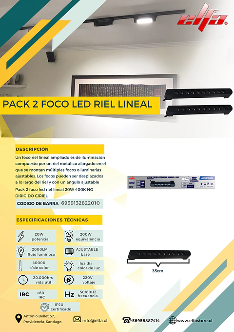Pack de 2 Focos LED Riel Lineal Elfa - 20W (Equivale a 200W)