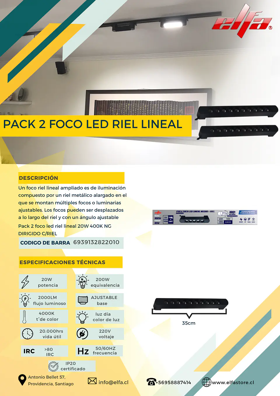Pack de 2 Focos LED Riel Lineal Elfa - 20W (Equivale a 200W) Luz Neutra 4000K Dirigido con Riel 2