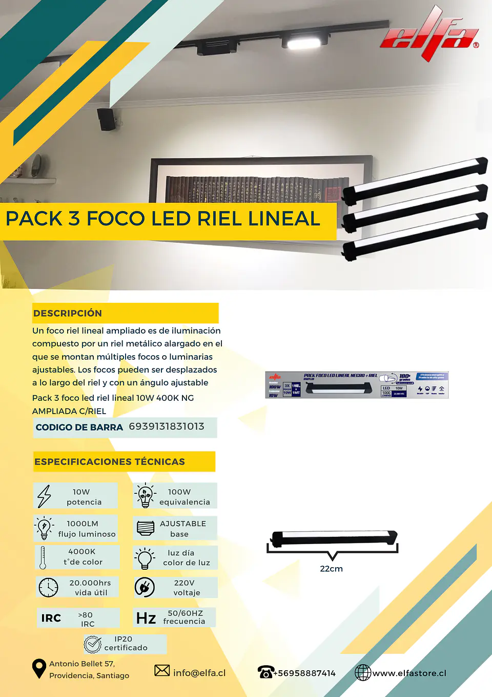 Pack de 3 Focos LED Riel Lineal Elfa - 10W (Equivale a 100W) Luz Neutra 4000K con Riel 2