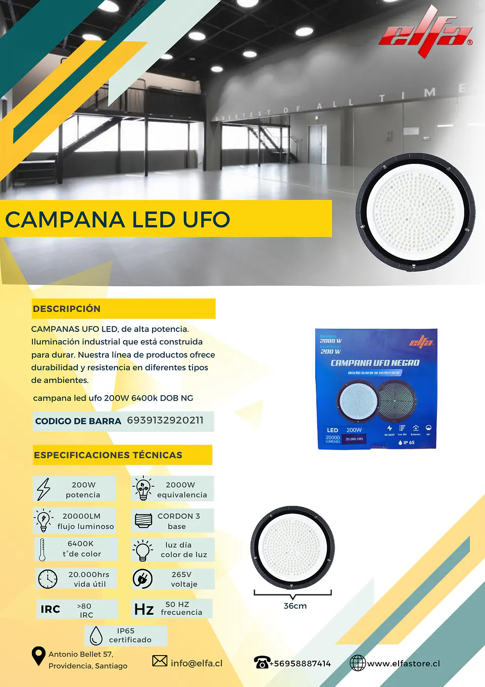 Campana LED UFO Industrial Elfa - 200W (Equivale a 2000W) Luz Día 6400K 2