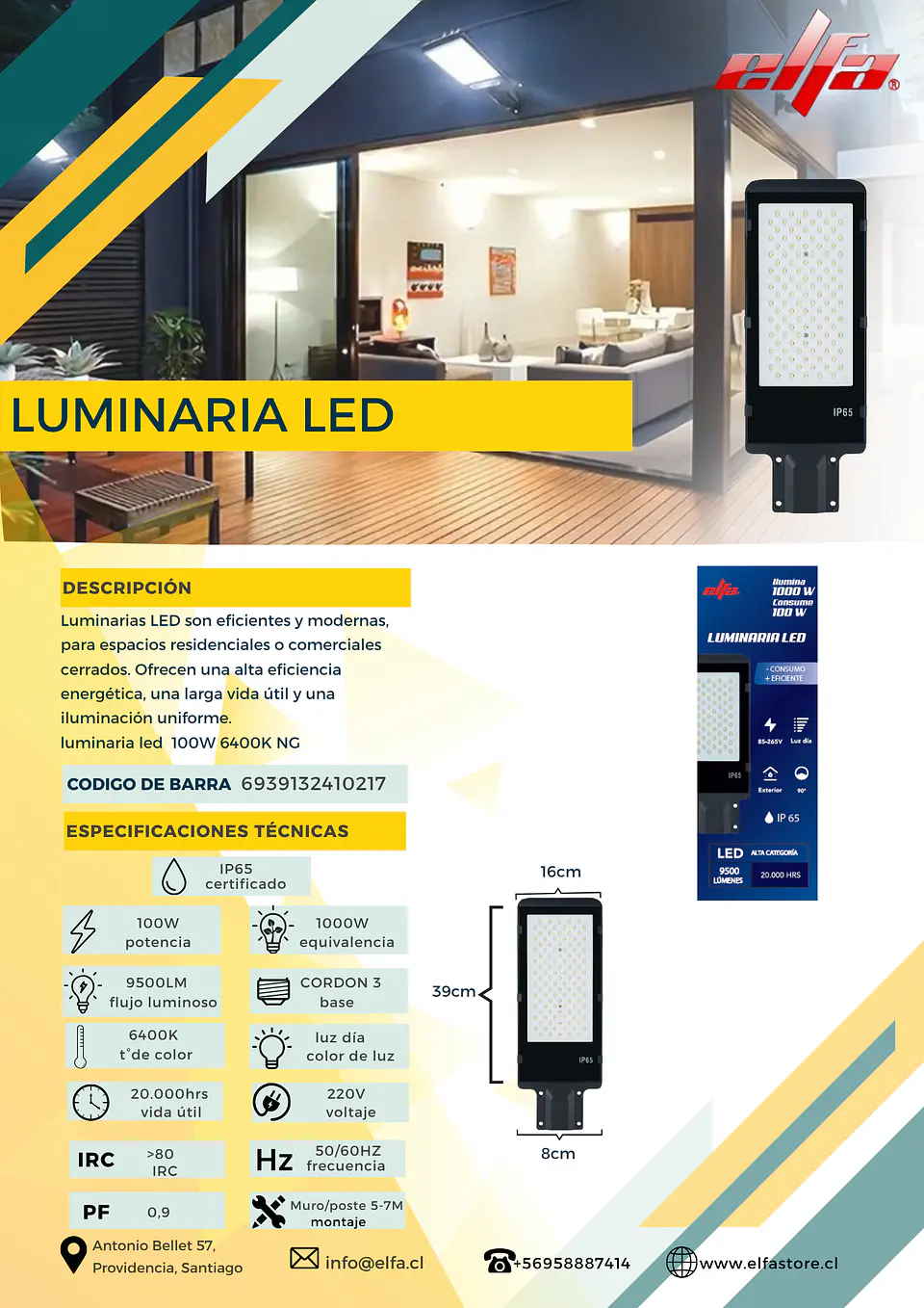 Luminaria LED Elfa 100W para Muro o Poste - Luz Día 6400K 2