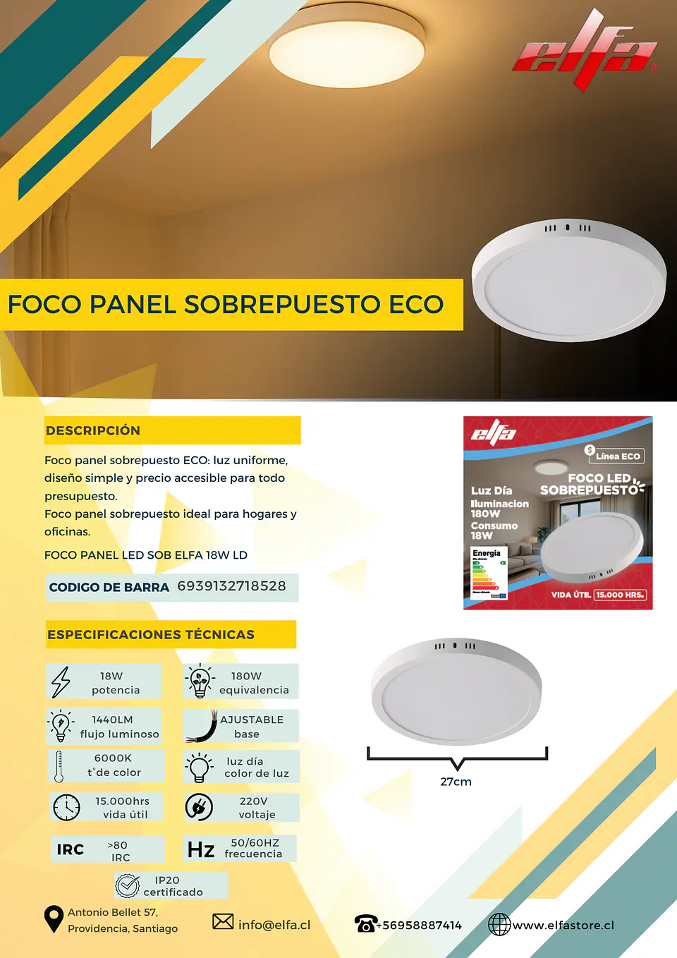 Foco Panel LED Sobrepuesto Elfa ECO - 18W (Equivale a 180W) Luz Día 6000K 2