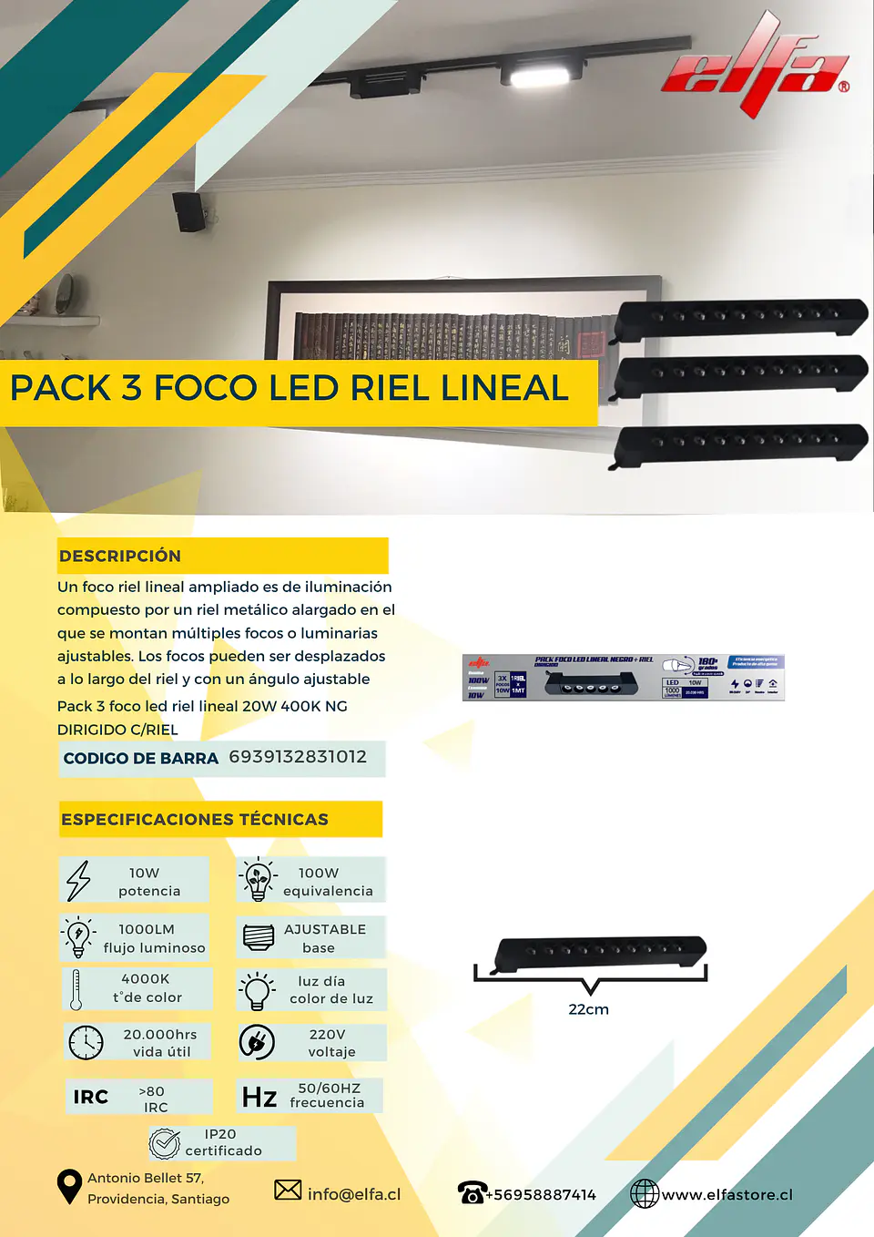 Pack de 3 Focos LED Riel Lineal Elfa - 10W (Equivale a 100W) Luz Neutra 4000K Dirigido con Riel 2