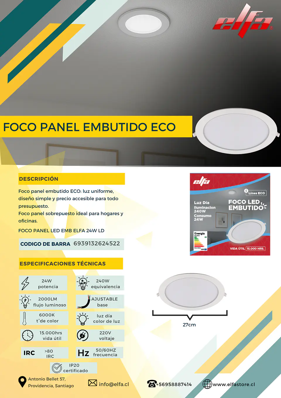 Foco Panel LED Embutido Elfa ECO - 24W (Equivale a 240W) Luz Día 6000K 2