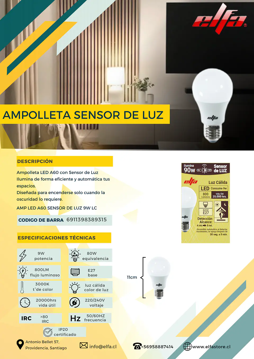Ampolleta LED A60 Elfa con Sensor de Luz - 9W (Equivale a 80W/90W) Luz Cálida 3000K 2