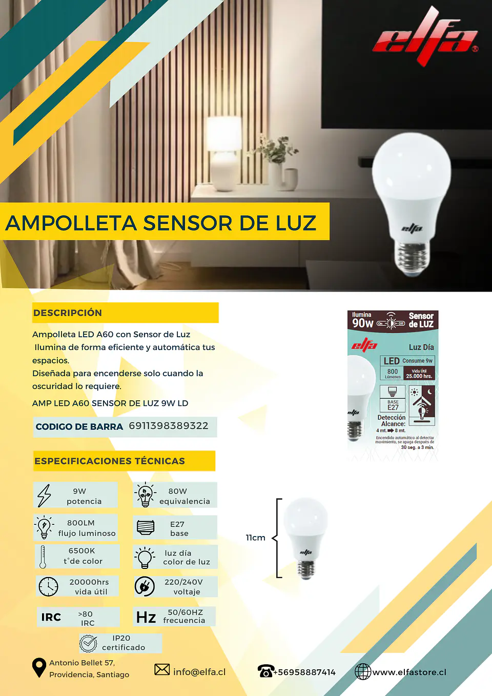 Ampolleta LED A60 Elfa con Sensor de Luz - 9W (Equivale a 80W/90W) Luz Día 6500K 2