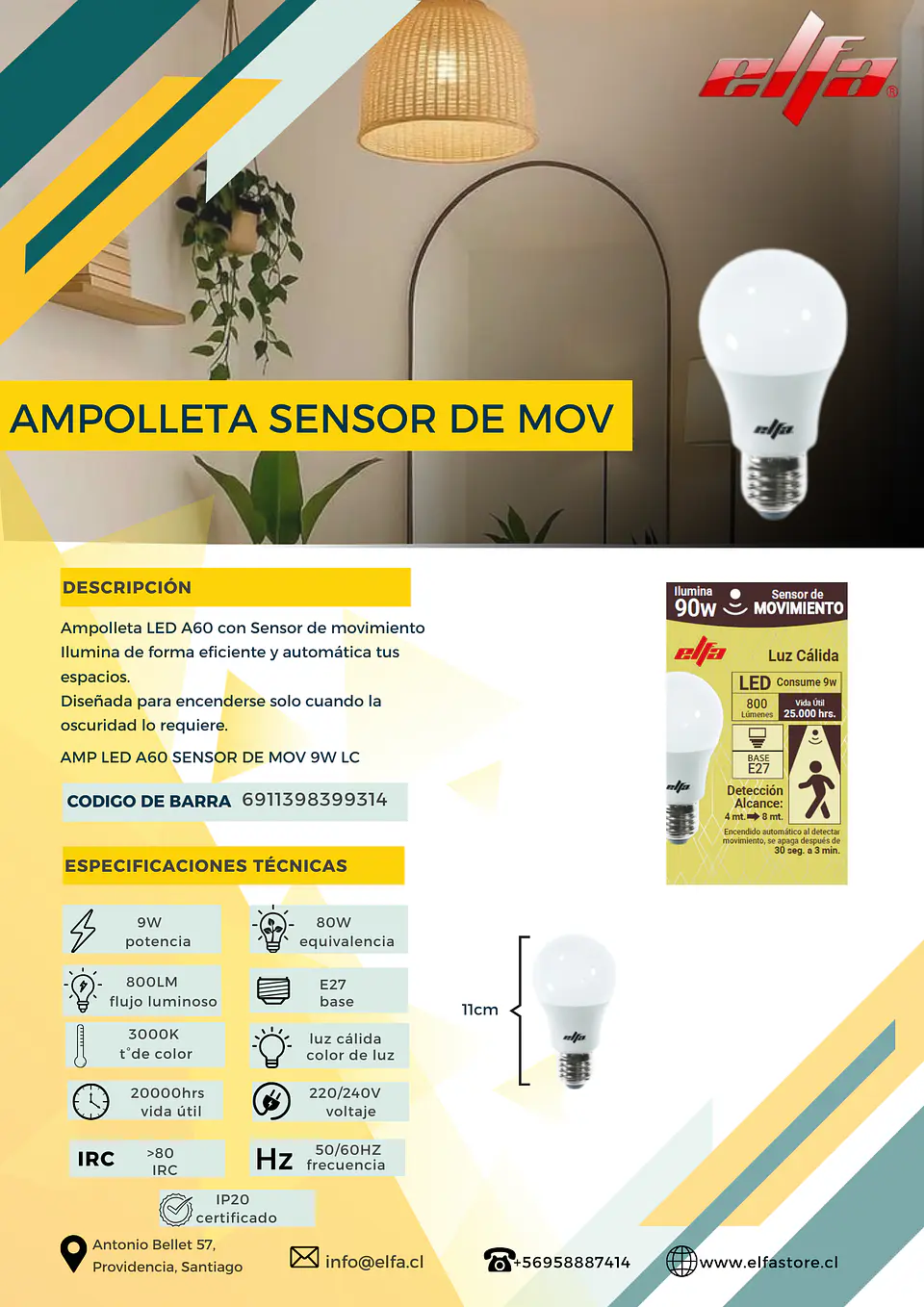 Ampolleta LED A60 Elfa con Sensor de Movimiento - 9W (Equivale a 80W/90W) Luz Cálida 3000K 2