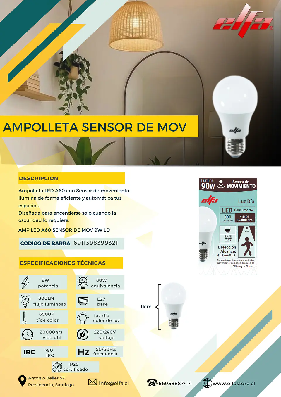 Ampolleta LED A60 Elfa con Sensor de Movimiento - 9W (Equivale a 80W/90W) Luz Día 6500K 2