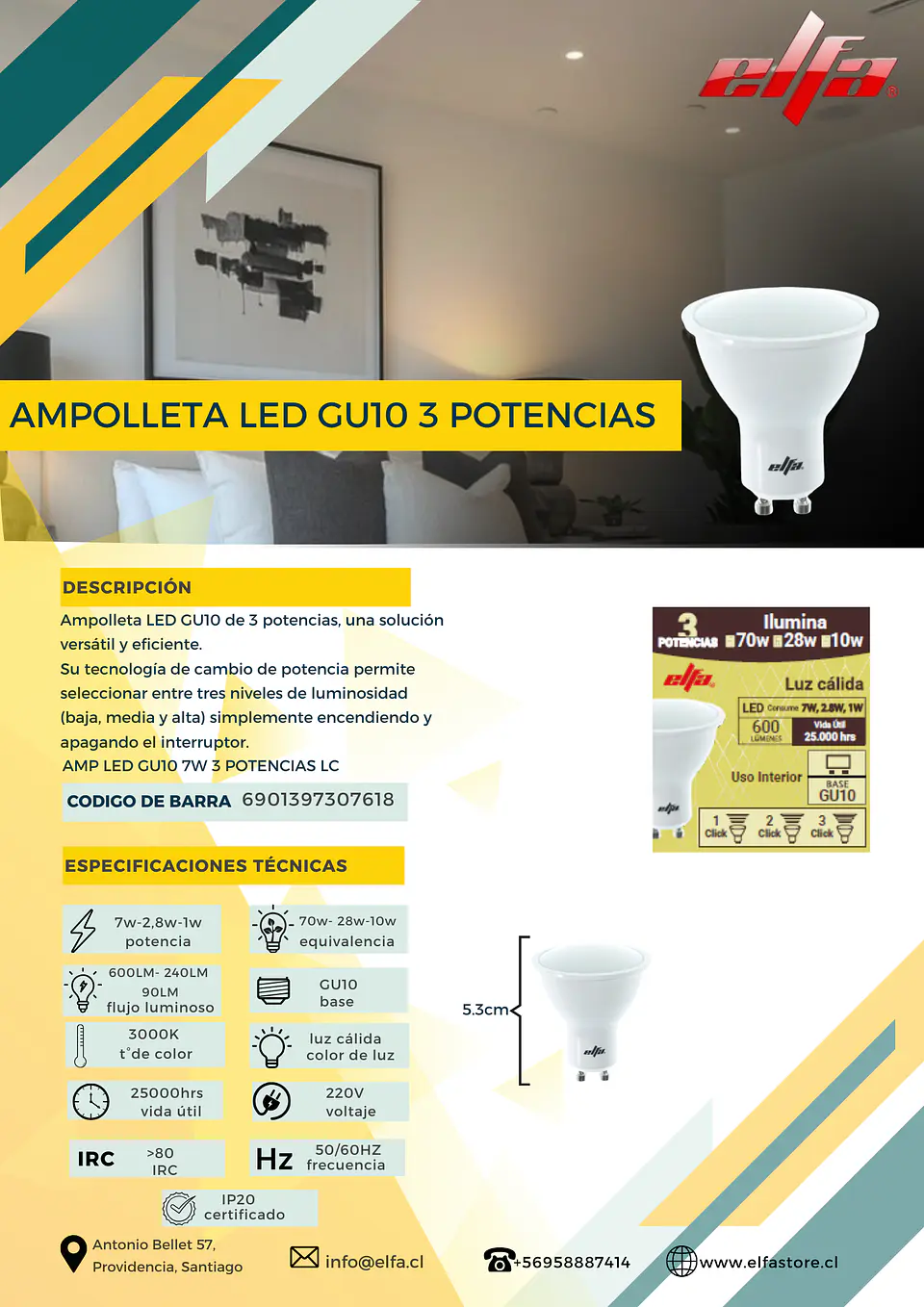 Ampolleta LED Elfa GU10 de 3 Potencias - Solución Versátil y Eficiente 2