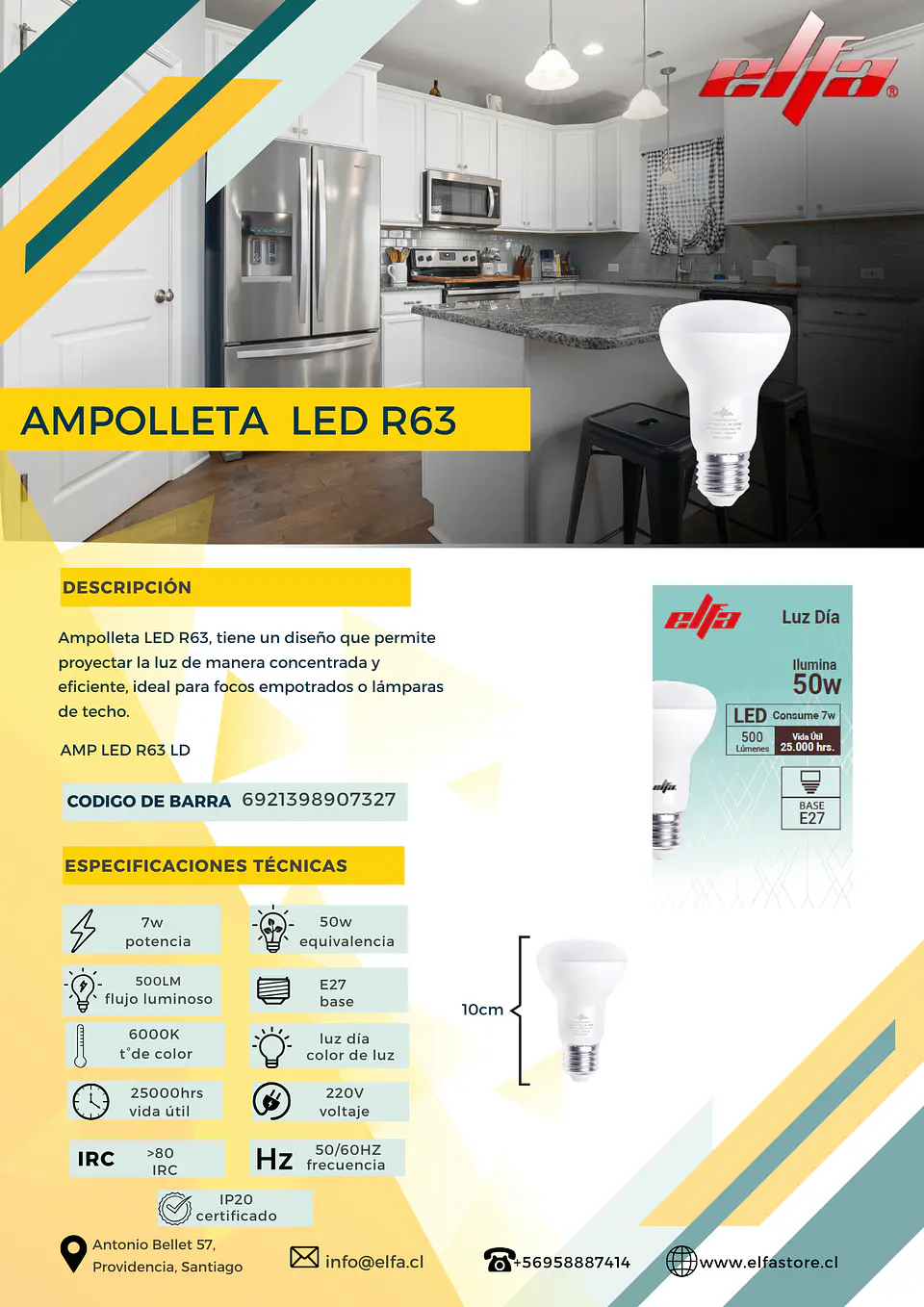 Ampolleta LED R63 Elfa - 7W (Equivale a 50W) Luz Día 6000K 2