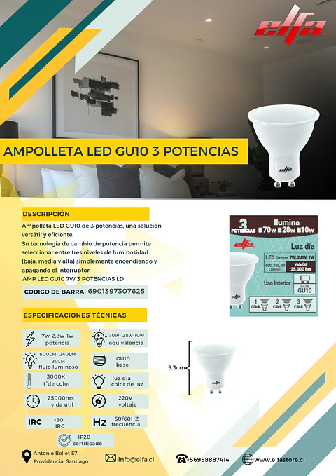 Ampolleta LED Elfa GU10 de 3 Potencias - Luz Día 6000K