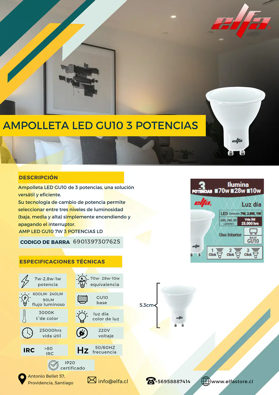 Ampolleta LED Elfa GU10 de 3 Potencias - Luz Día 6000K 2