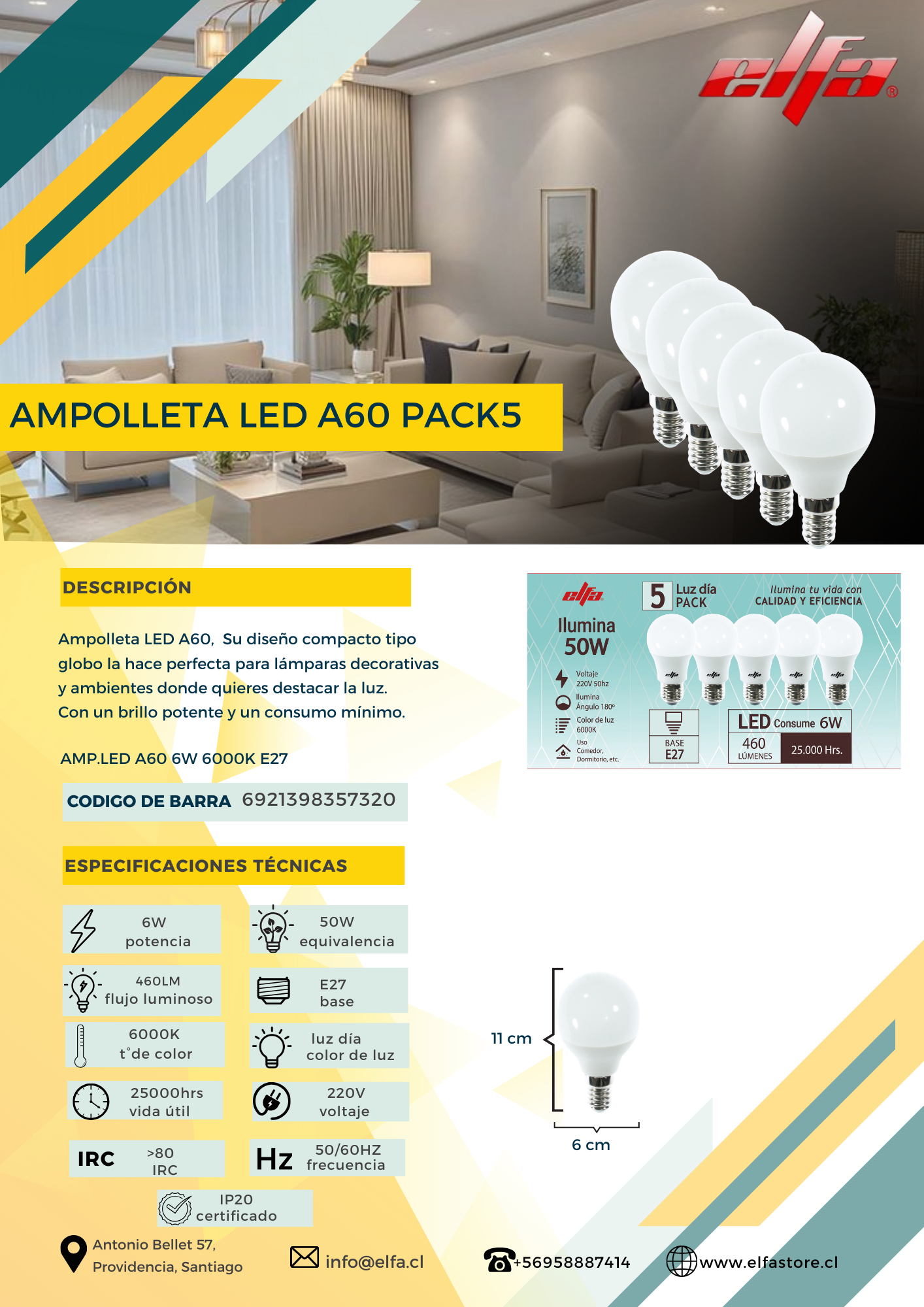 Pack de 5 Ampolletas LED A60 Elfa - 6W (Equivale a 50W) Luz Día 6000K 3