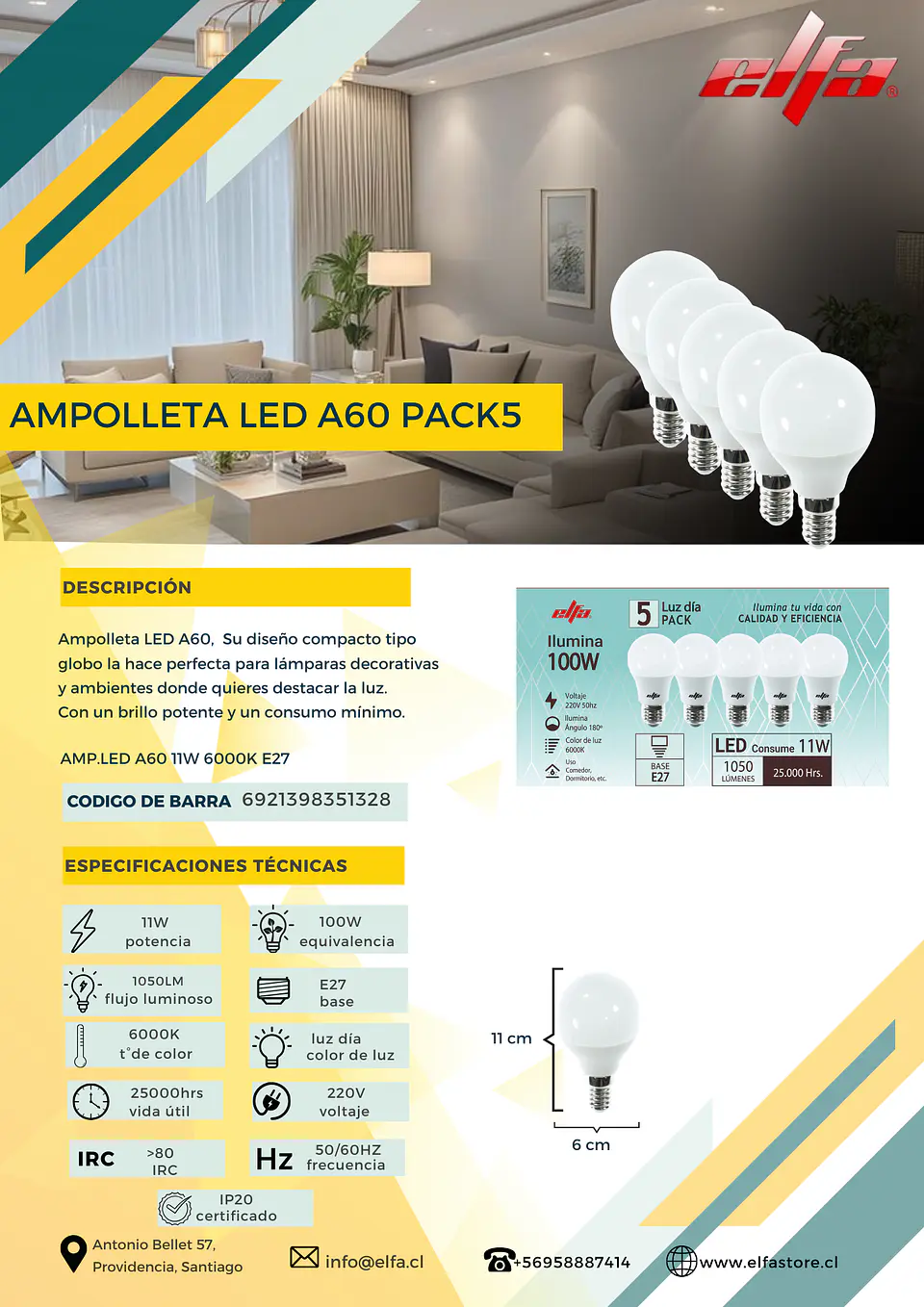 Pack de 5 Ampolletas LED A60 Elfa - 11W (Equivale a 100W) Luz Día 6000K 2