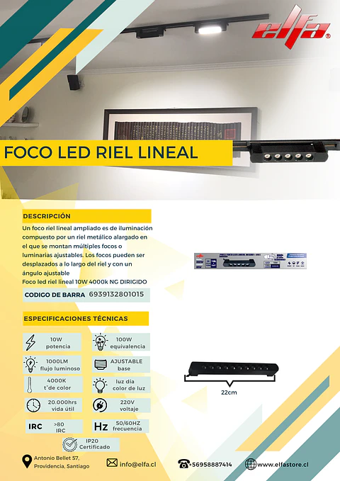 Foco LED Riel Lineal Elfa - 10W (Equivale a 100W) Luz Neutra 4000K Dirigido