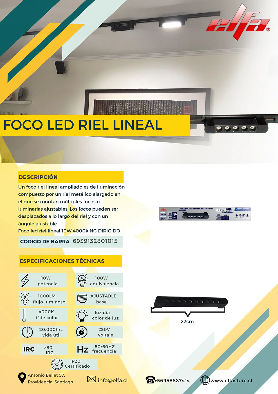 Foco LED Riel Lineal Elfa - 10W (Equivale a 100W) Luz Neutra 4000K Dirigido 2