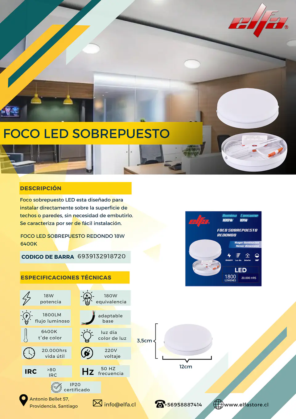 Foco Panel LED Embutido Redondo Elfa - 18W (Equivale a 180W) Luz Día 6000K 2