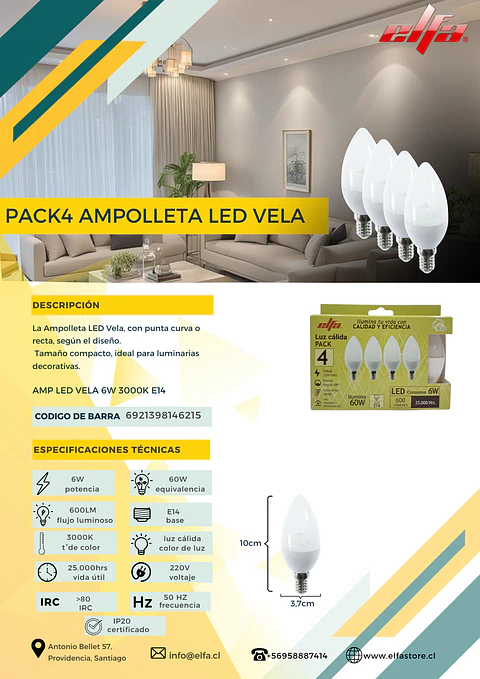 Pack de 4 Ampolletas LED Vela Elfa - 5W (Equivale a 40W) Luz Cálida 3000K