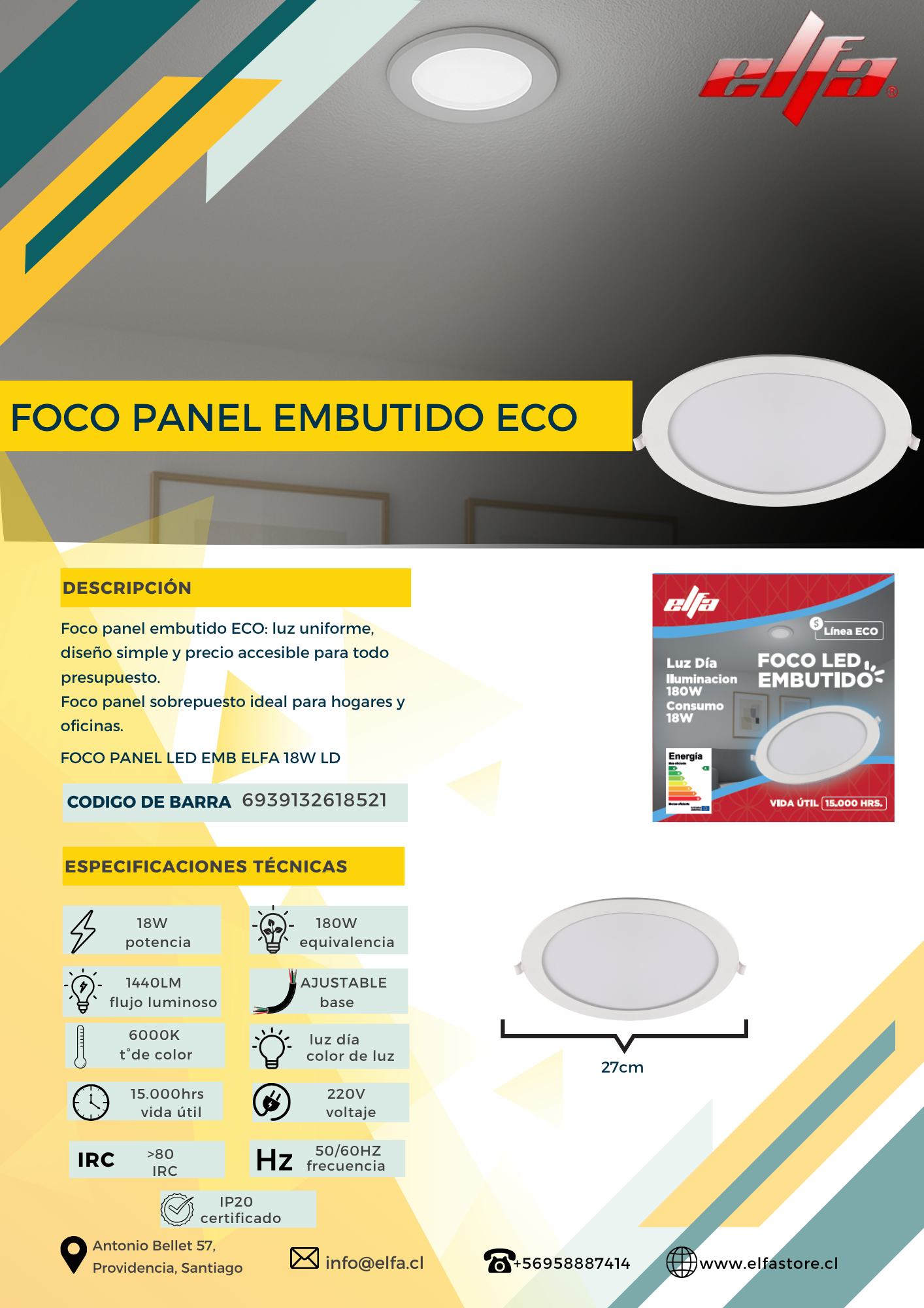 Foco Panel LED Embutido Elfa ECO - 18W (Equivale a 180W) Luz Día 6000K 3