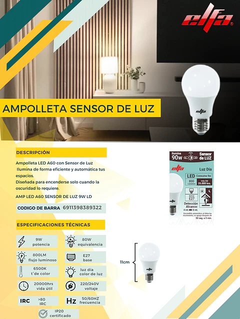 Ampolleta LED A60 Elfa con Sensor de Luz - 9W Luz Día 6500K