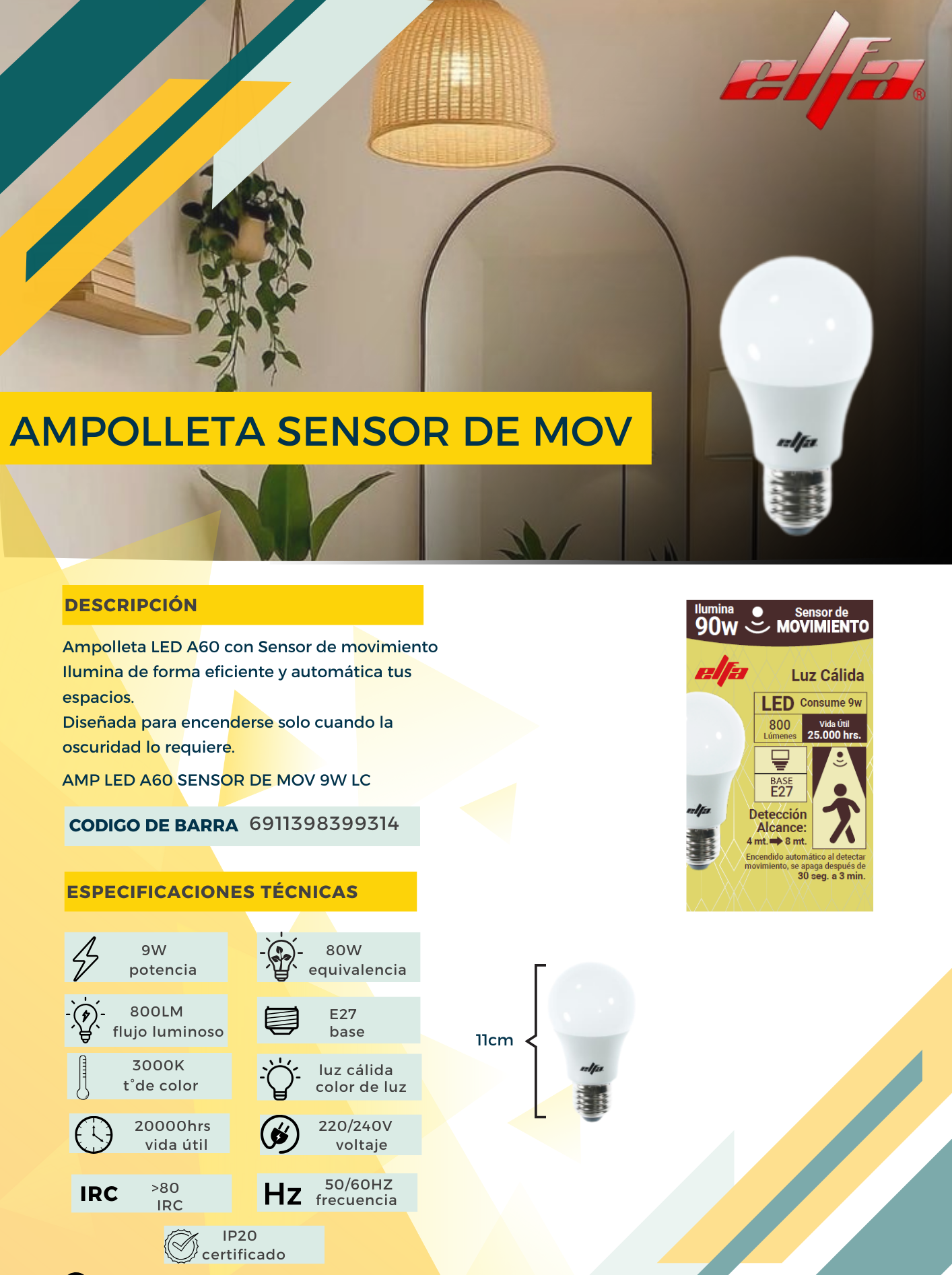 Ampolleta LED A60 Elfa con Sensor de Movimiento - 9W Luz Cálida 3000K 2