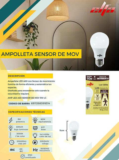 Ampolleta LED A60 Elfa con Sensor de Movimiento - 9W Luz Cálida 3000K