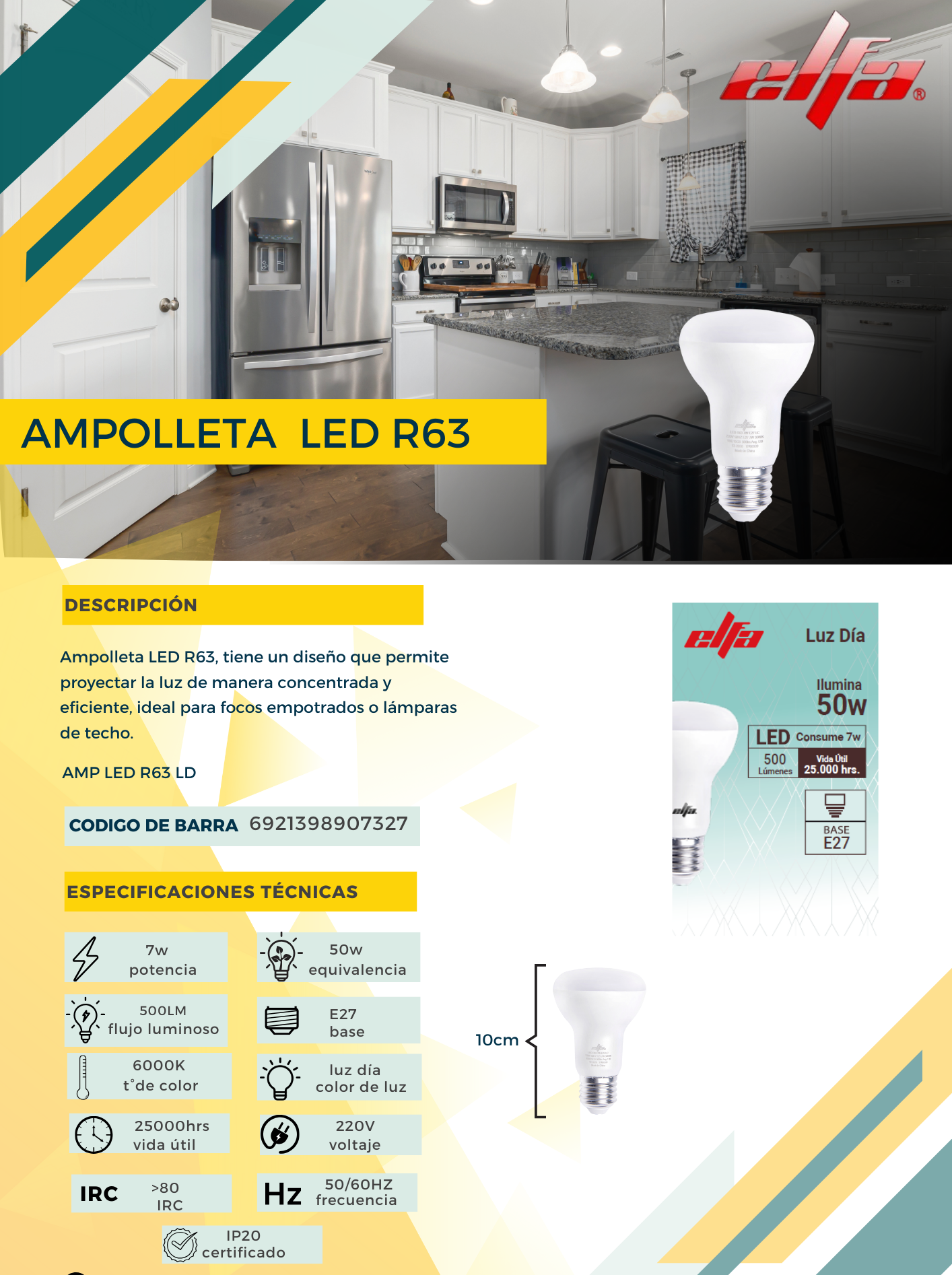 Ampolleta LED R63 Elfa - 7W (Equivale a 50W) Luz Día 6000K 3