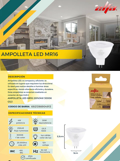 Ampolleta LED MR16 220V 4W
