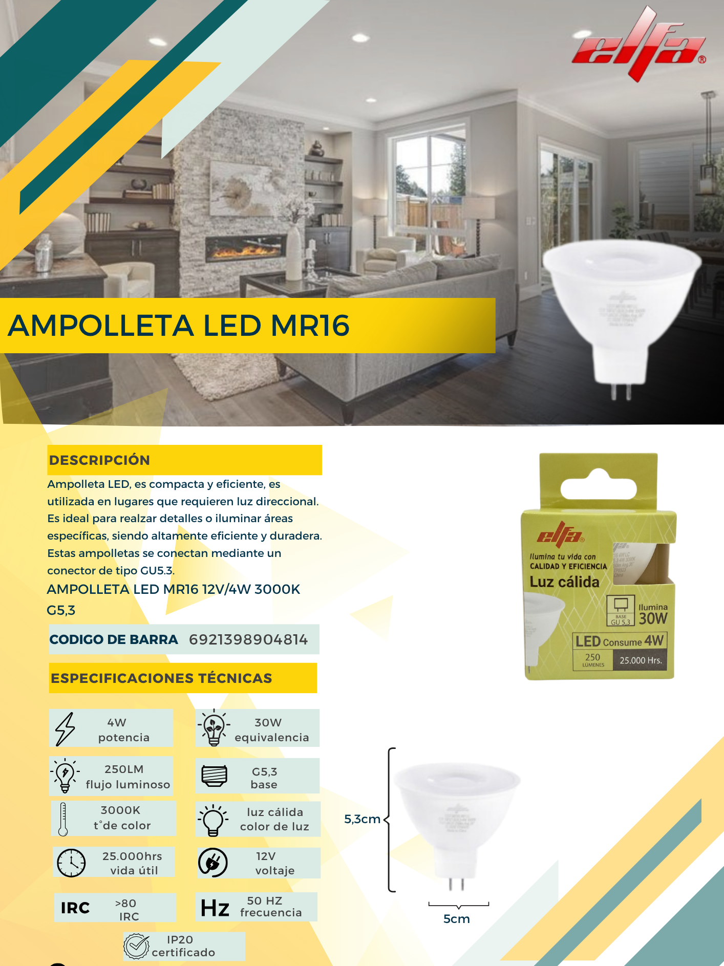 Ampolleta LED MR16 4W 2