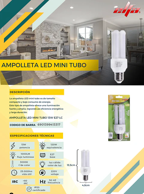 Ampolleta LED Mini Tubo 13W E27 LC
