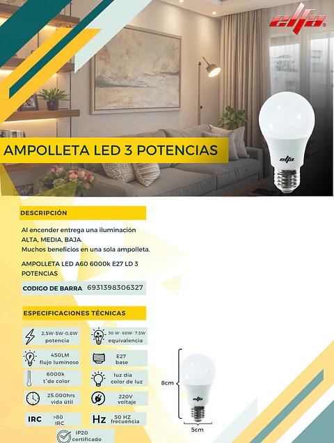 Ampolleta LED Elfa A60 en 3 Potencias - Luz Día 6000K