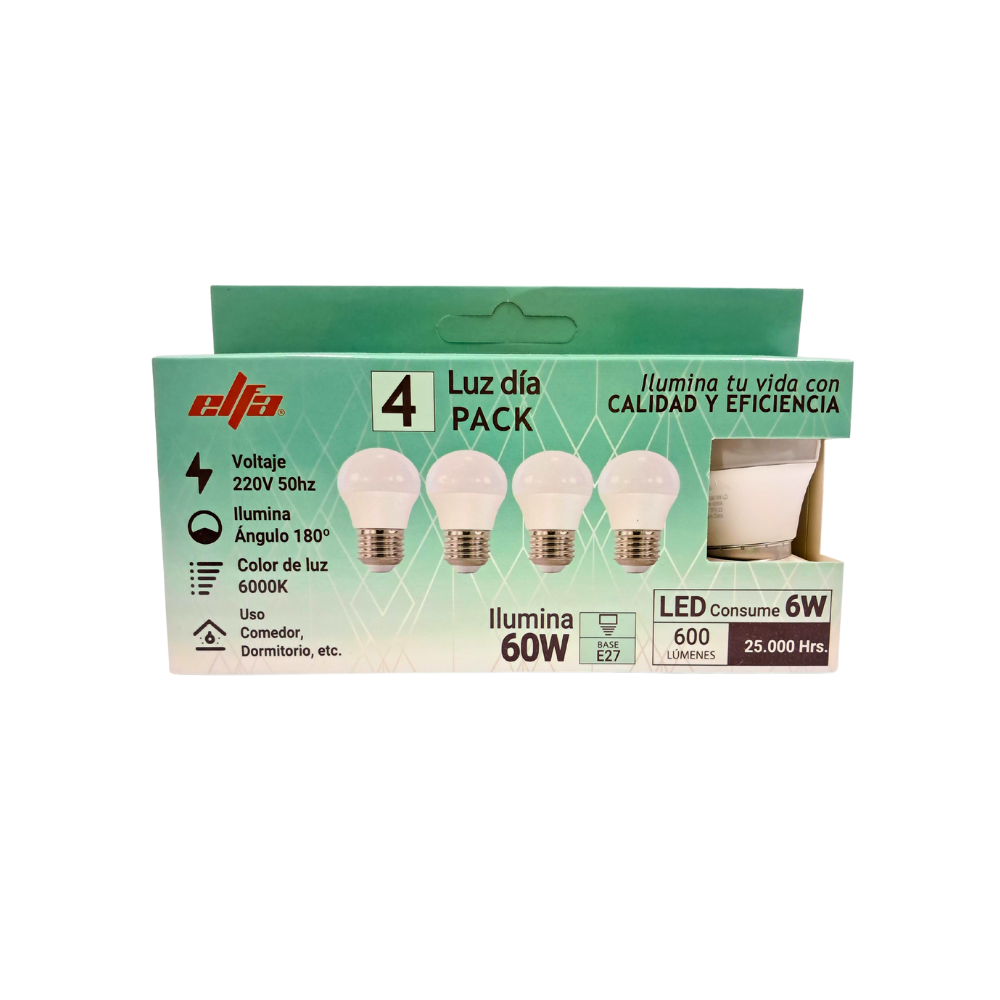 Pack de 4 Ampolletas LED Bola Elfa - 5W (Equivale a 40W) Luz Día 6000K 2