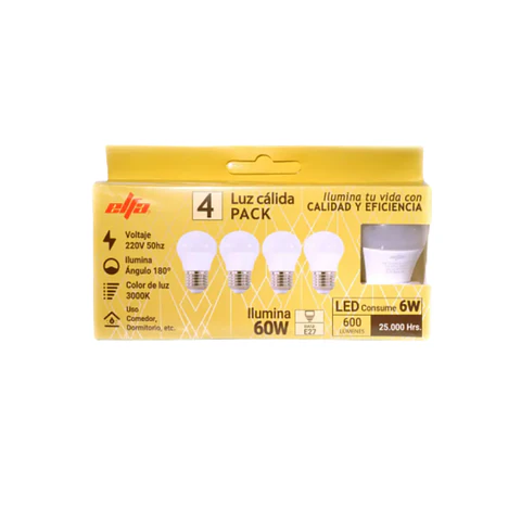 Pack de 4 Ampolletas LED Bola Elfa - 5W (Equivale a 40W) Luz Cálida 3000K