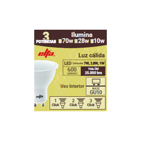 Ampolleta LED Elfa GU10 de 3 Potencias - Solución Versátil y Eficiente