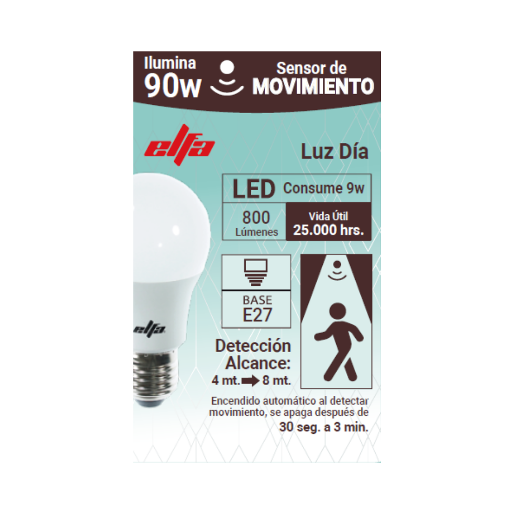 Ampolleta LED A60 Elfa con Sensor de Movimiento - 9W (Equivale a 80W/90W) Luz Día 6500K 2