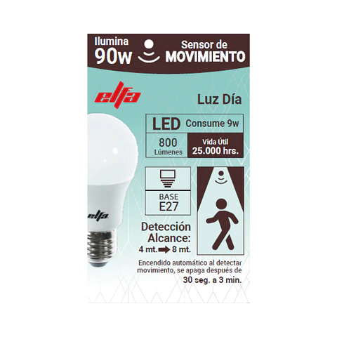 Ampolleta LED A60 Elfa con Sensor de Movimiento - 9W (Equivale a 80W/90W) Luz Día 6500K