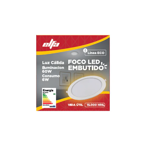 Foco Panel LED Embutido Elfa ECO - 6W (Equivale a 60W) Luz Cálida 3000K