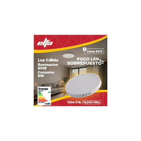Foco Panel LED Sobrepuesto Elfa ECO - 6W (Equivale a 60W) Luz Cálida 3000K