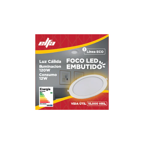 Foco Panel LED Embutido Elfa ECO - 12W (Equivale a 120W) Luz Cálida 3000K