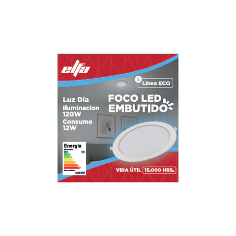 Foco Panel LED Embutido Elfa ECO - 12W (Equivale a 120W) Luz Día 6000K