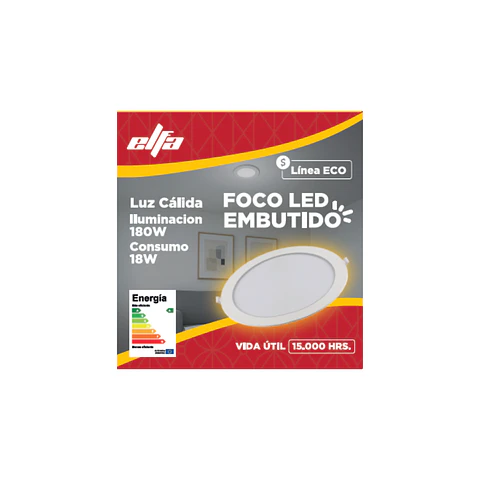 Foco Panel LED Embutido Elfa ECO - 18W (Equivale a 180W) Luz Cálida 3000K
