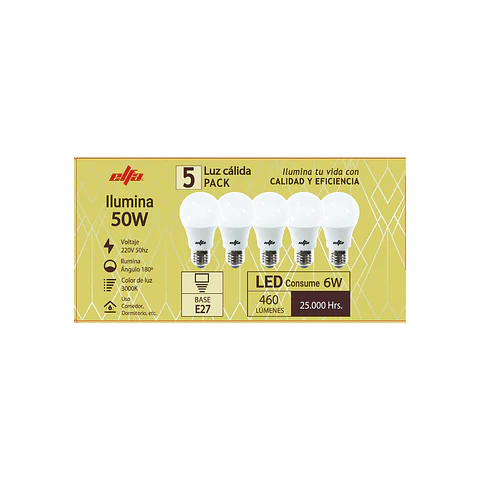 Ampolleta LED A60 Elfa - 7W (Equivale a 50W) Luz Cálida 3000K