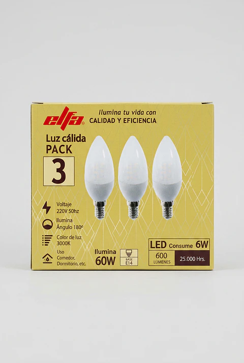 Pack de 3 Ampolletas LED Vela Elfa - 6W (Equivale a 60W) Luz Cálida 3000K