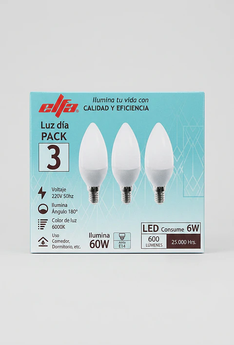 Pack de 3 Ampolletas LED Vela Elfa - 6W (Equivale a 60W) Luz Día 6000K