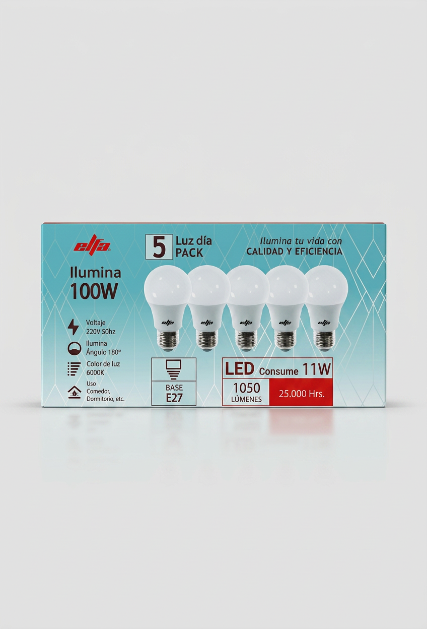 Pack de 5 Ampolletas LED A60 Elfa - 11W (Equivale a 100W) Luz Día 6000K 2