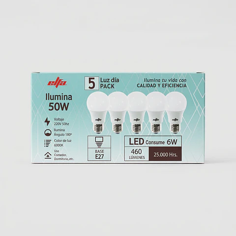 Pack de 5 Ampolletas LED A60 Elfa - 6W (Equivale a 50W) Luz Día 6000K