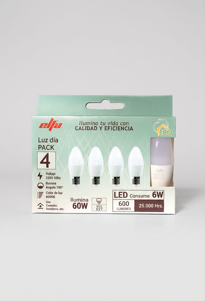 Pack 4 Ampolletas LED Vela Elfa - 6W E27 Luz Día (6000K) 2