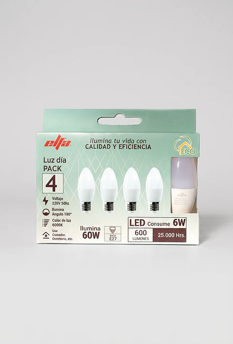 Pack 4 Ampolletas LED Vela Elfa - 6W E27 Luz Día (6000K)